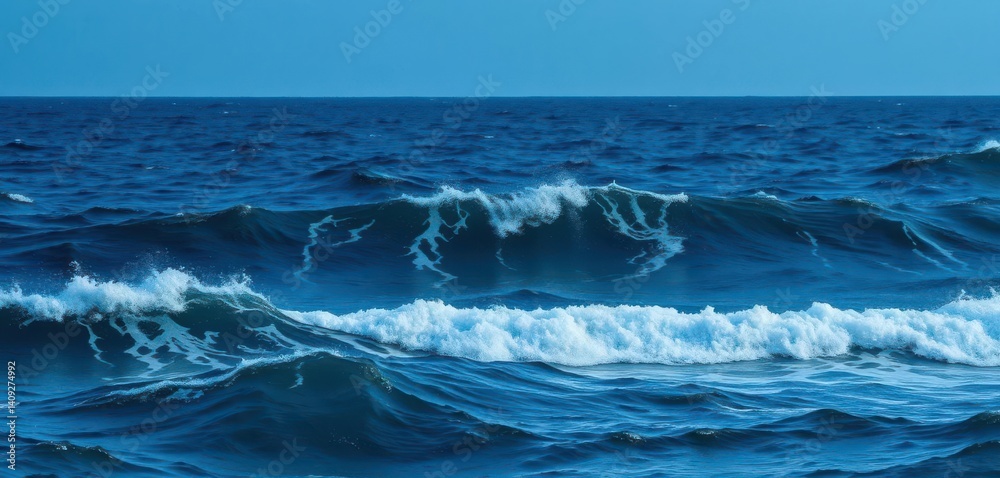 Fototapeta premium Dark blue ocean waves crashing, powerful yet serene, sea life, spray