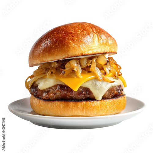 Delicious burger with caramelized onions and cheese on a white plate. Perfect for food photography and culinary projects.