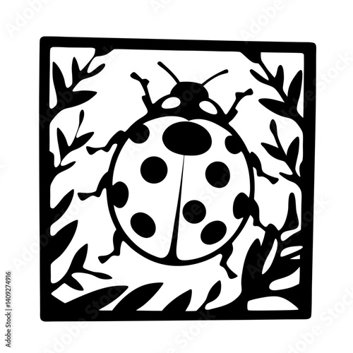 A Striking Black and White Illustration of a Ladybug Amidst Lush Foliage within a Square Frame