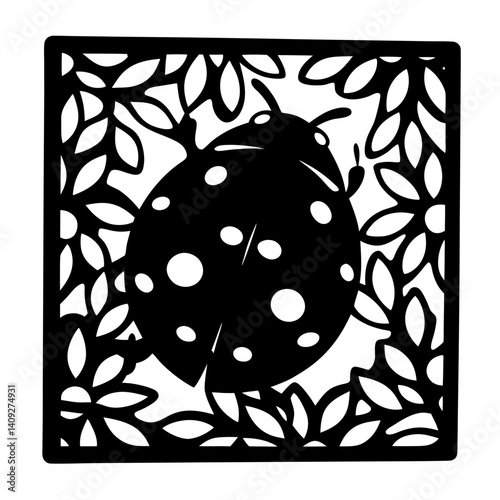 Charming Black and White Ladybug Illustration Surrounded by Intricate Floral Design in a Square Frame