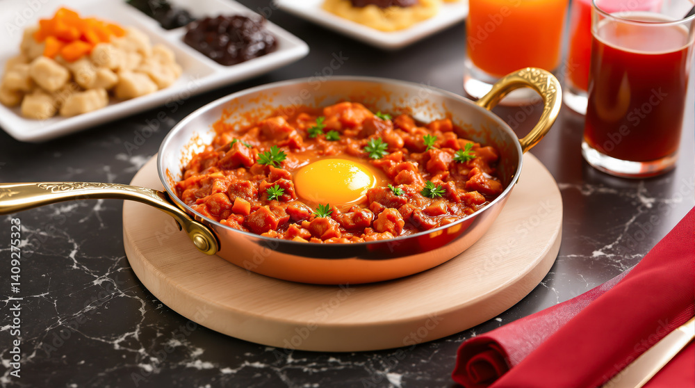 copper skillet presents a vibrant red stew with a perfectly fried egg copper skillet presents a vibrant red stew with a perfectly fried egg