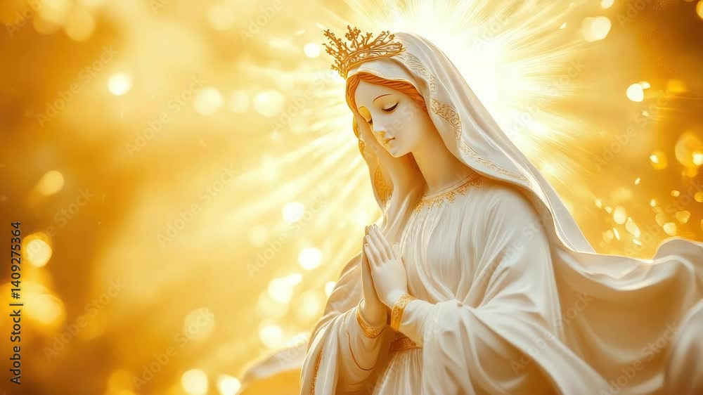 White statue of the Blessed Virgin Mary illuminated by golden divine light, symbolizing the Assumption into heaven, holiness, purity, and spiritual grace, with space for religious or sacred text