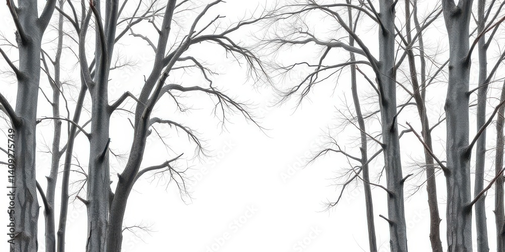 Fototapeta premium Dead, dry, gray tree trunks against white background, isolated, clipping path