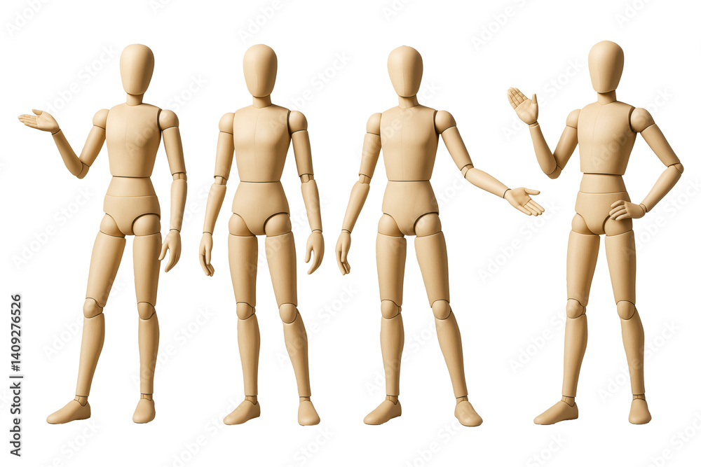 Group of wooden mannequins in a variety of artistic and dynamic poses for drawing, illustration, sketching, and anatomy reference on a transparent background Group of wooden mannequins in a variety of artistic and dynamic poses for drawing, illustration, sketching, and anatomy reference on a transparent background