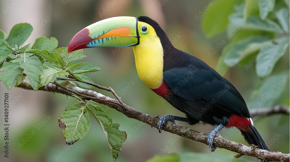 Naklejka premium vibrant toucan in rainforest habitat: close-up view of a colorful toucan perched on a branch with detailed feather textures against a lush green foliage backdrop, showcasing natural sunlight