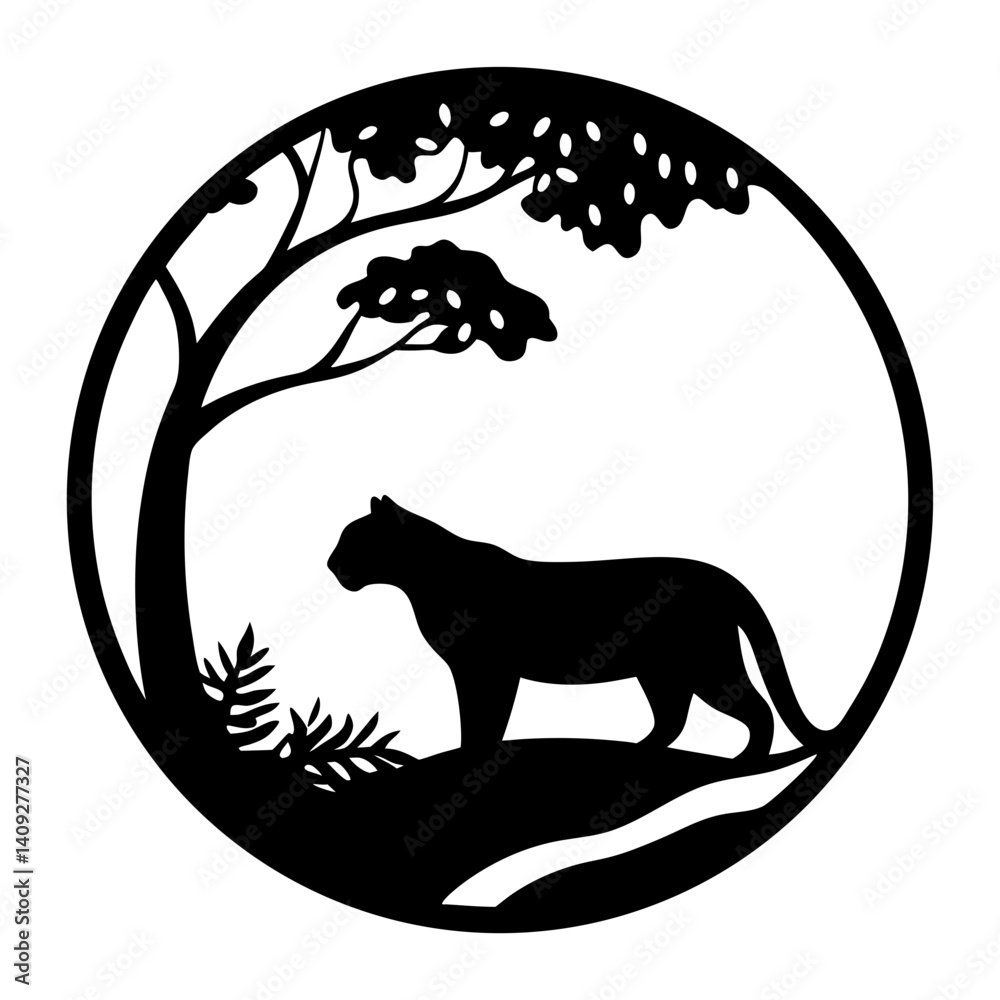 Obraz premium Majestic Panther Silhouette in Circular Nature Scene with Tree and Lush Foliage