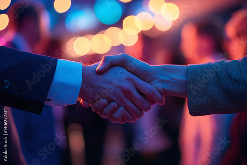 Attendees shaking hands at event, focus on greeting gesture and name tags in soft lighting