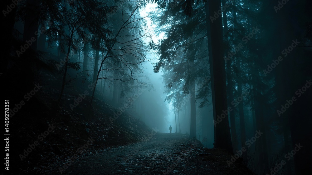 Fototapeta premium misty forest path: a cinematic composite featuring a mysterious silhouette figure walking into a dark, foggy forest, illuminated by dramatic moonlight, evoking a sense of mystery and atmospheric mood
