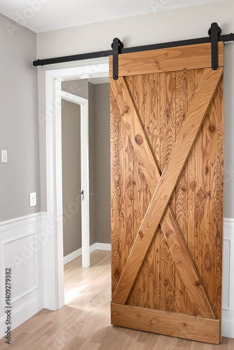 rustic light brown wooden sliding barn door with black metal hardware