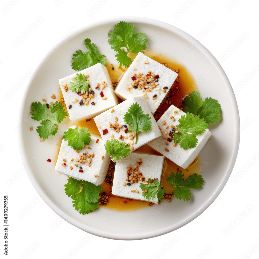 Overhead shot of chilled tofu with soy sauce, sesame seeds, and cilantro on a white plate. Asian cuisine concept. Overhead shot of chilled tofu with soy sauce, sesame seeds, and cilantro on a white plate. Asian cuisine concept.