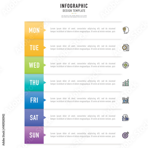 Rectangular paper origami timeline weekly infographic template or element with 7 day, step, process, option, colorful rectangle, bar, column, arrow