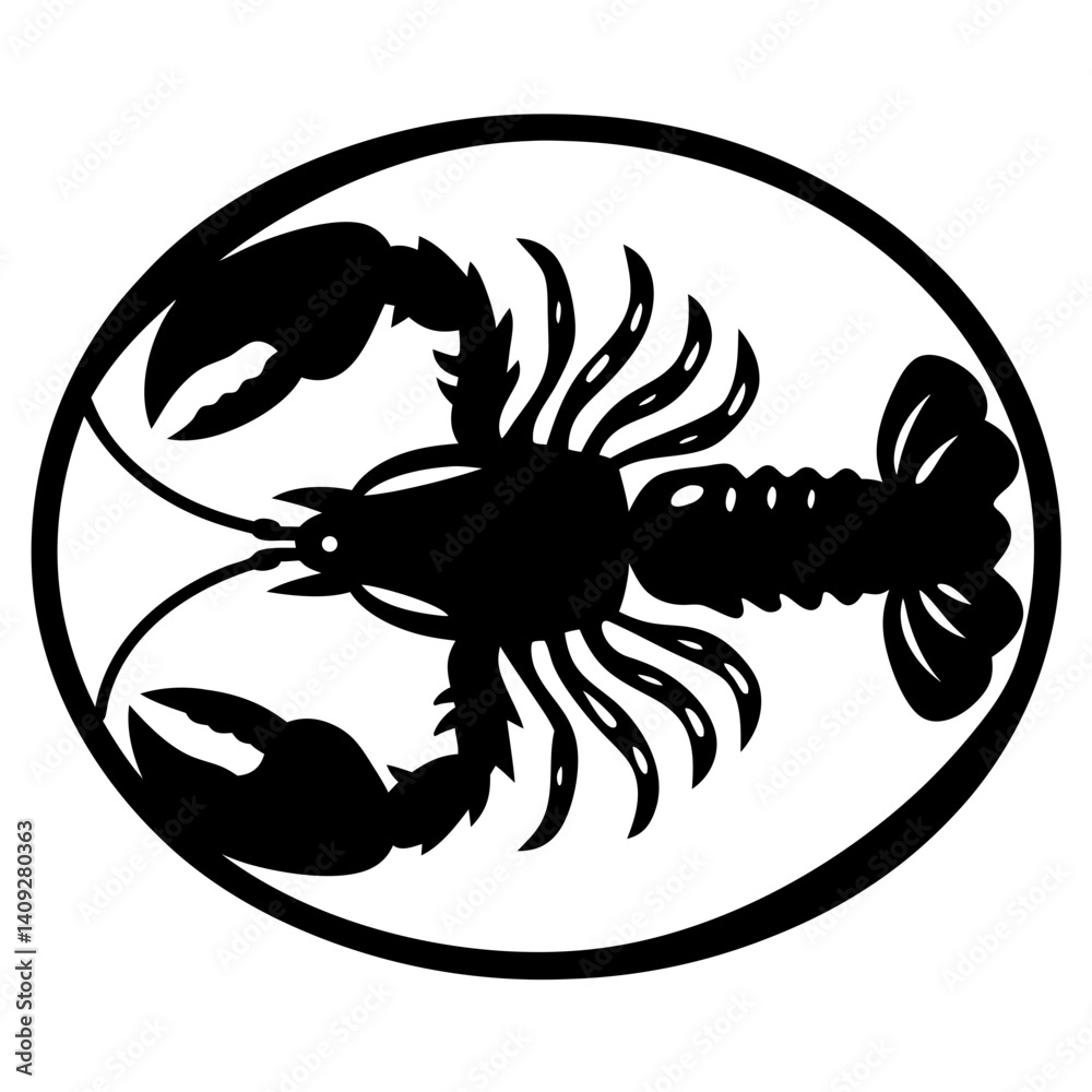 Black and white illustration of a lobster inside an oval shape Black and white illustration of a lobster inside an oval shape