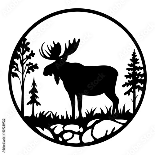 Majestic Moose in a Circular Forest Scene Silhouette Artwork