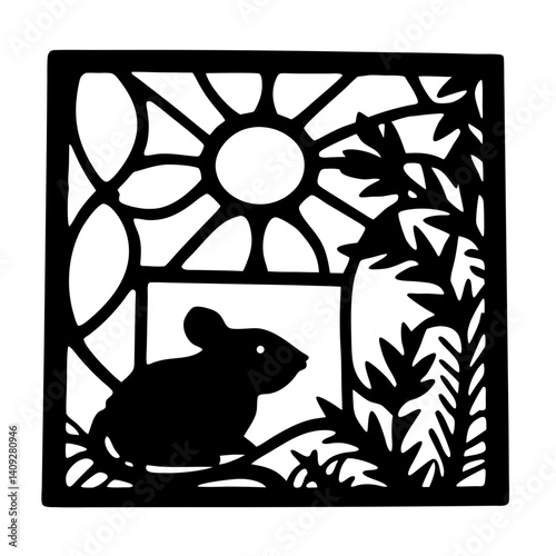 A charming black and white illustration of a mouse in a sunlit garden framed by decorative window panes