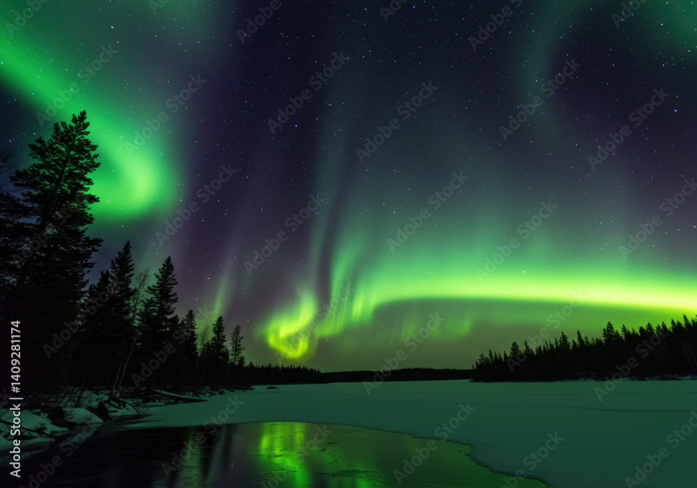 custom made wallpaper toronto digitalThe captivating dance of the aurora borealis paints the night sky over a tranquil winter landscape.