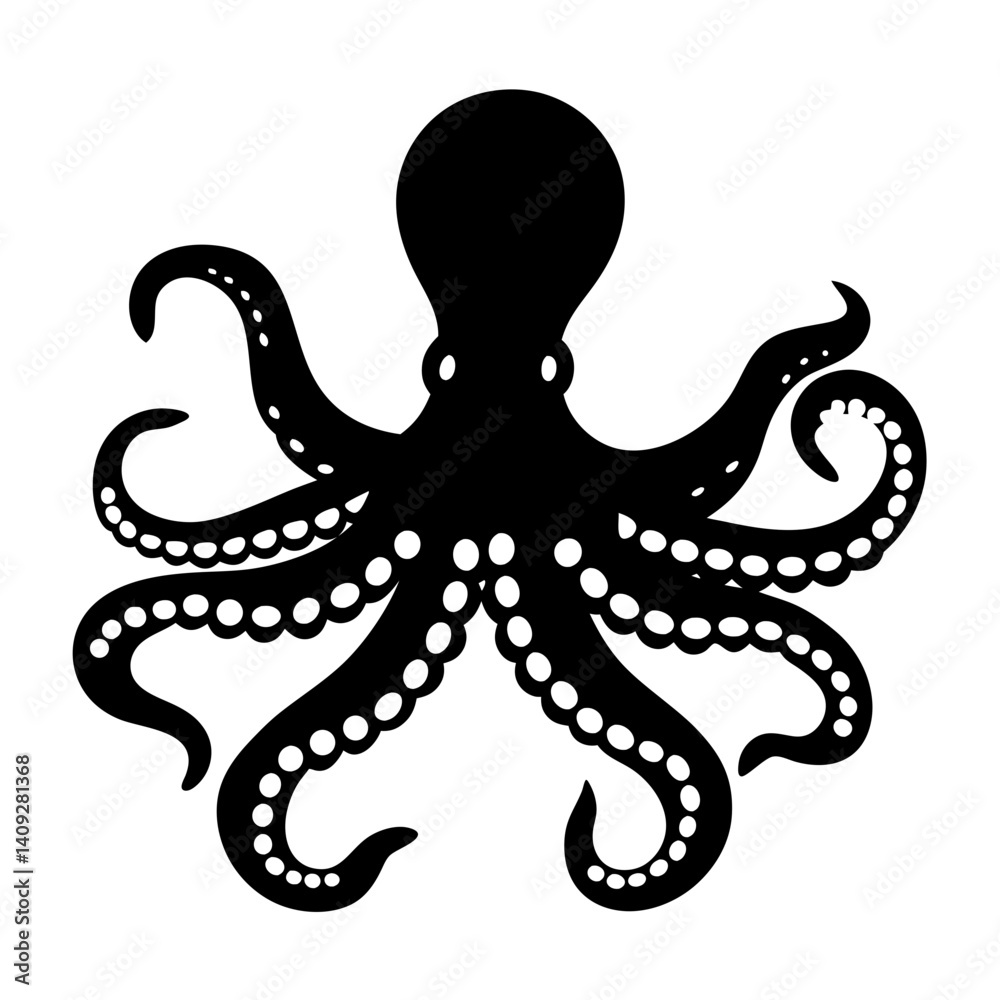 Fototapeta premium A striking black silhouette of an octopus with eight tentacles displaying detailed suckers along each arm against a white background, a captivating image of marine life