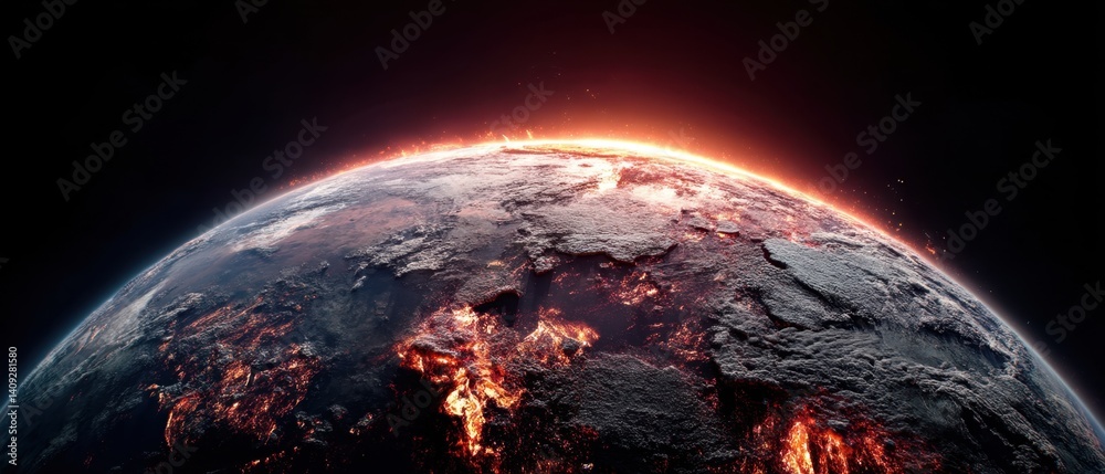 Dramatic cosmic view of a planet engulfed in fiery energy with dark space background and artistic rendering of a global cataclysm