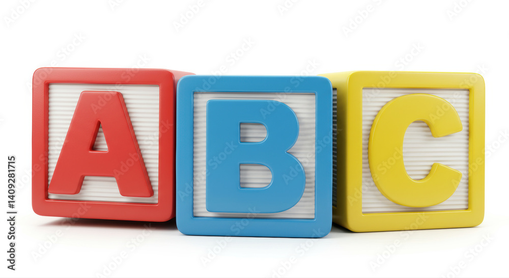Three vibrant alphabet blocks forming 'abc' are isolated against a clean white backdrop. Three vibrant alphabet blocks forming 'abc' are isolated against a clean white backdrop.