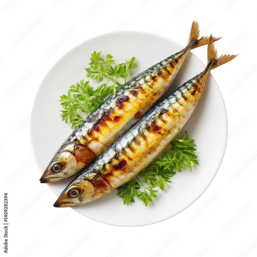 Grilled mackerel fish served on a plate with parsley. Healthy seafood concept. Grilled mackerel fish served on a plate with parsley. Healthy seafood concept.