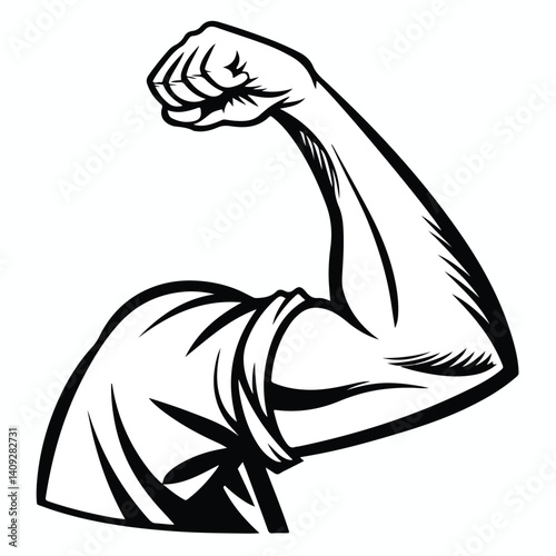 Flexing Muscular Arm Illustration – Black and White Vector Design, man muscle vector, gym hand vector,biceps vector illustration