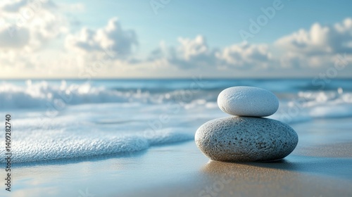 Stacking Stones on Beach with Ocean Waves in Soft Light
