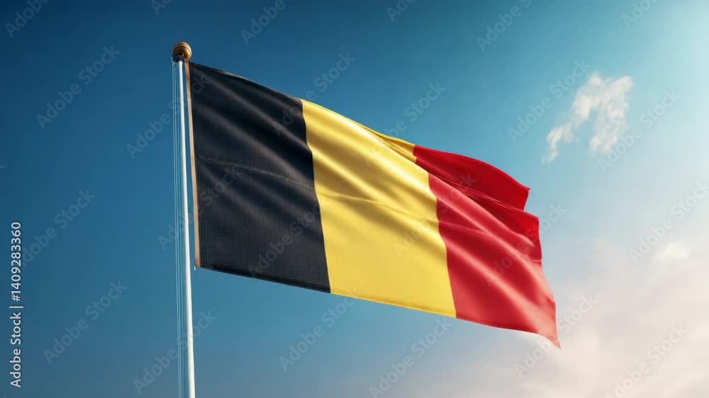 Waving Belgium flag on flag pole with sky on background 4K