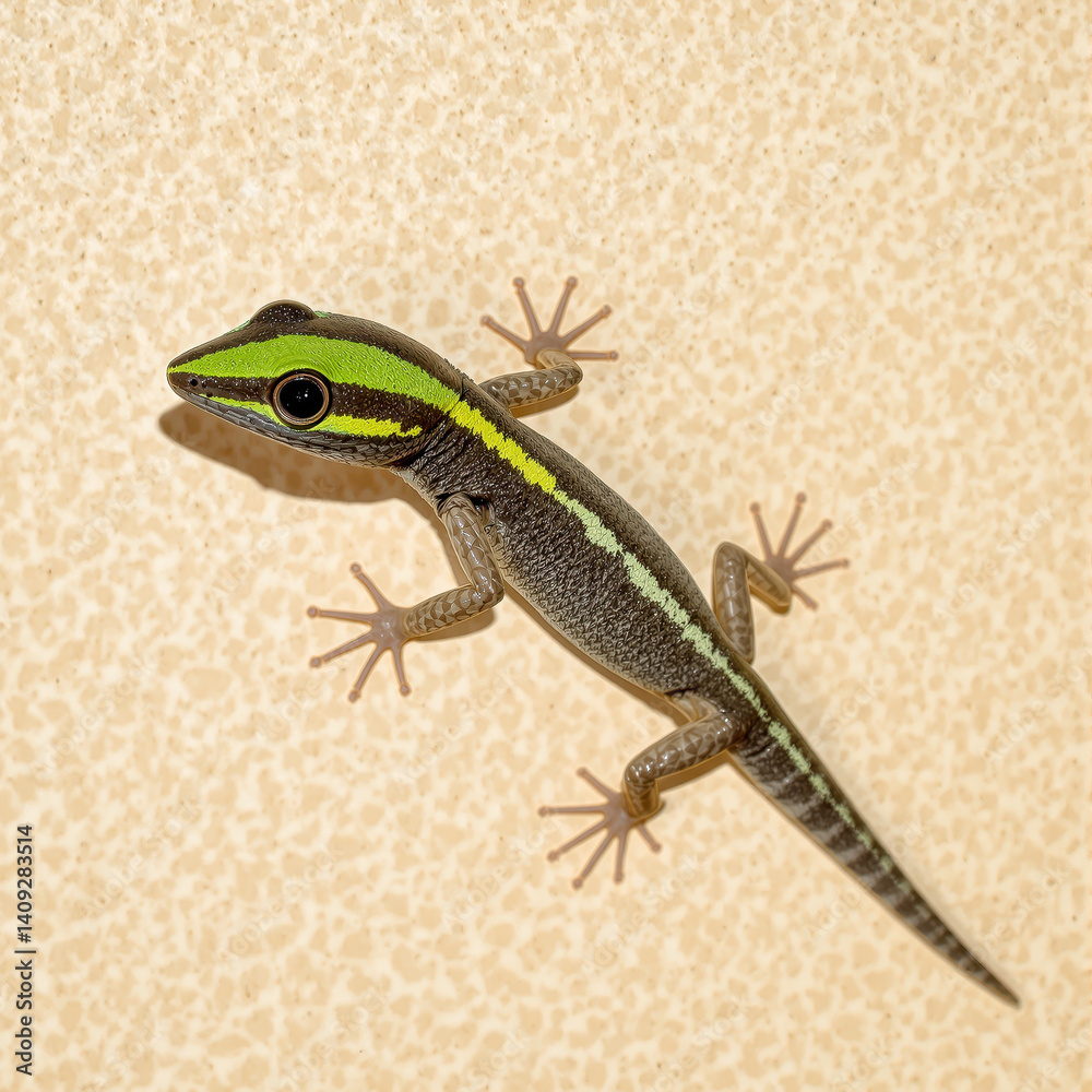 Naklejka premium close-up of a small green and black striped lizard on a beige textured surface