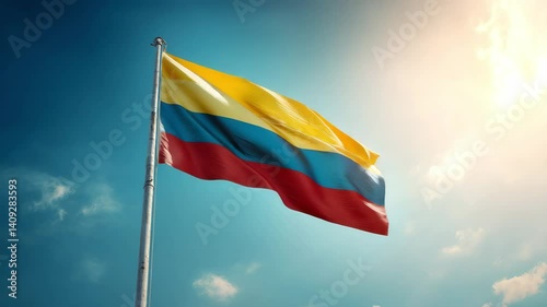 Waving Colombia flag on flag pole with sky on background 4K