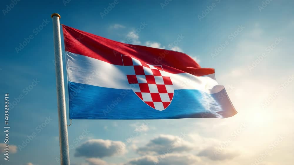Waving Croatia flag on flag pole with sky on background 4K