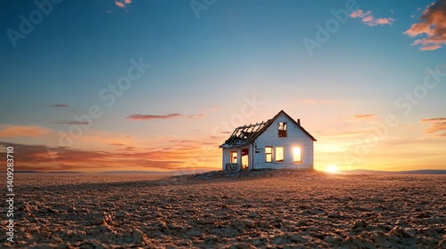 Dilapidated farmhouse in the middle of a barren field at sunset
