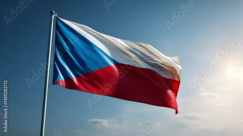 Waving Czech flag on flag pole with sky on background 4K