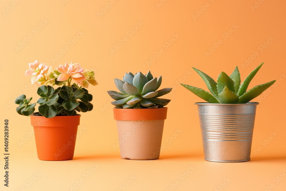 Obraz premium Three potted succulents and flowers in terracotta and metal pots.