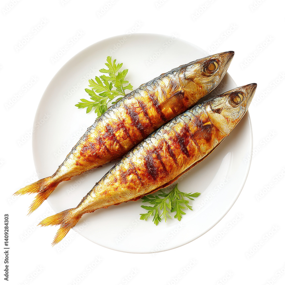 Grilled mackerel fish on a plate with parsley. Delicious seafood dish, rich in omega 3 fatty acids. Grilled mackerel fish on a plate with parsley. Delicious seafood dish, rich in omega 3 fatty acids.