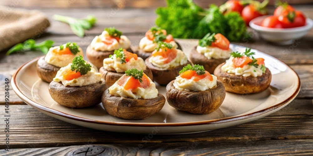 A plate of stuffed mushrooms with salmon and cream sitting on a wooden table, appetizer, mushroom, appetizer, mushroom A plate of stuffed mushrooms with salmon and cream sitting on a wooden table, appetizer, mushroom, appetizer, mushroom