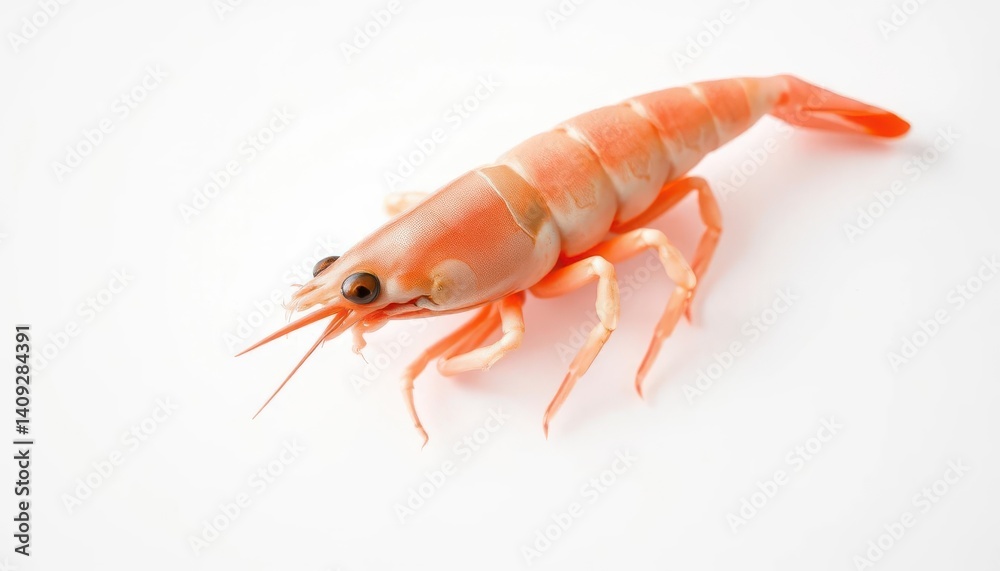 Fresh pink shrimp on pristine white background, showcasing detail, wildlife, seafood Fresh pink shrimp on pristine white background, showcasing detail, wildlife, seafood