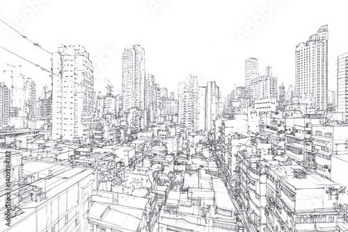 Detailed panoramic sketch of city with urban features in artistic linework on white background