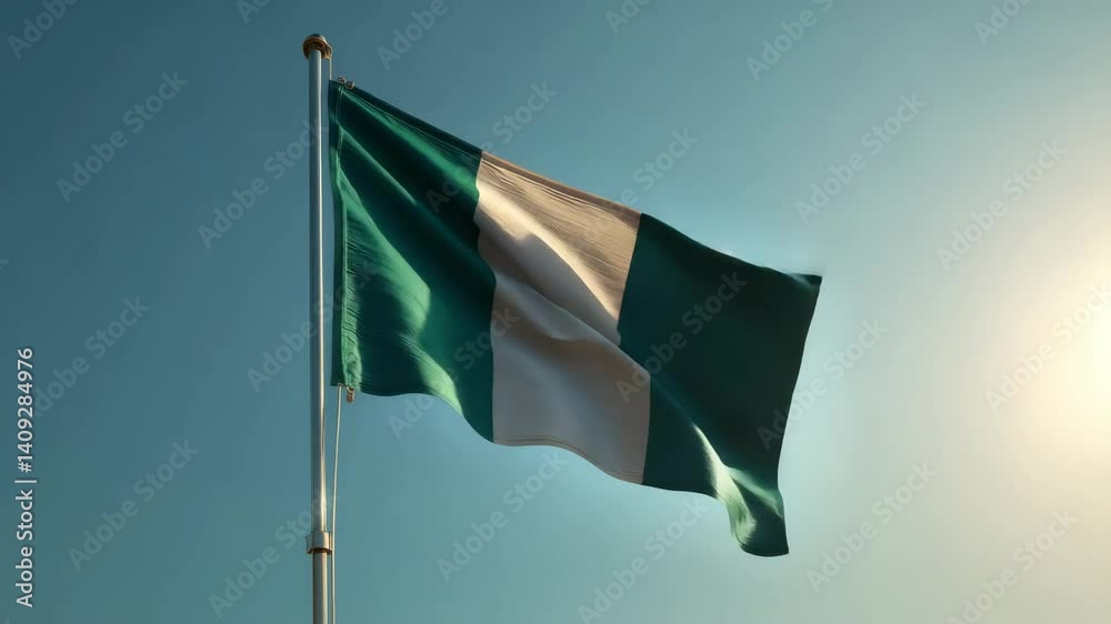 Waving Nigeria flag on flag pole with sky on background 4K