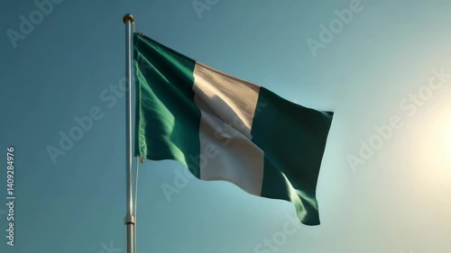 Waving Nigeria flag on flag pole with sky on background 4K