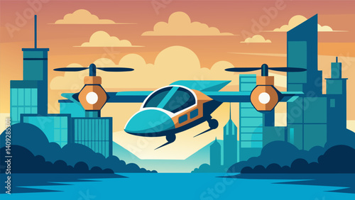 Amidst the sounds of the lively river city the eVTOL takes off with ease showcasing its advanced propulsion system and ability to navigate tight spaces.. Vector illustration