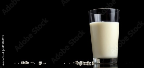 Glass of fresh milk, low angle view against black background,  background, creamy