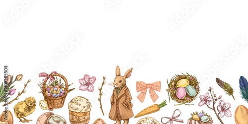 Hand-drawn colored Easter border with vintage holiday elements,  rabbit, eggs, flowers, and festive decorations