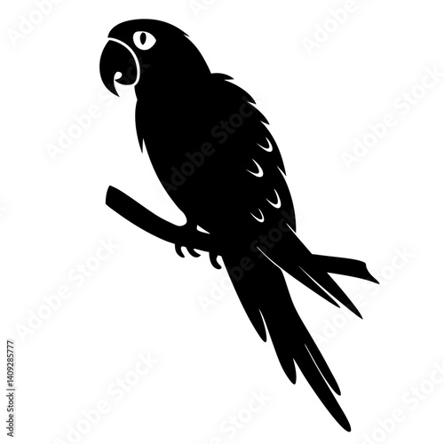 A black silhouette of a parrot perched on a branch against a white background tropical bird wildlife avian fauna exotic feathered creature