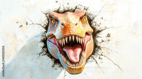 Fototapeta Naklejka Na Ścianę i Meble -  Tyrannosaurus rex breaking through wall with mouth open