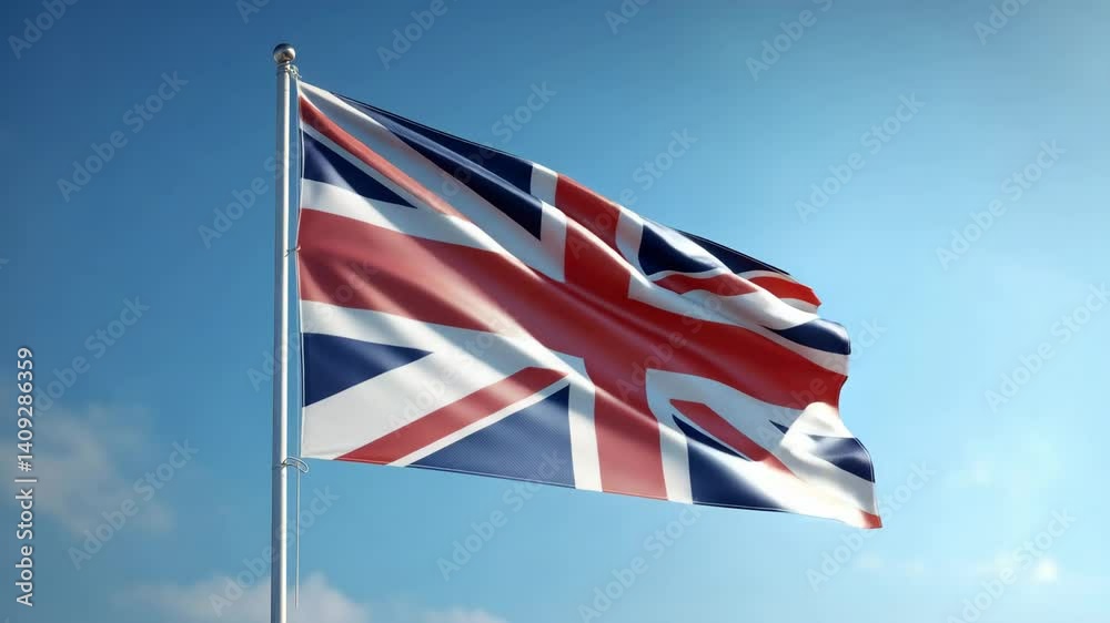 Waving UK flag on flag pole with sky on background 4K. British flag