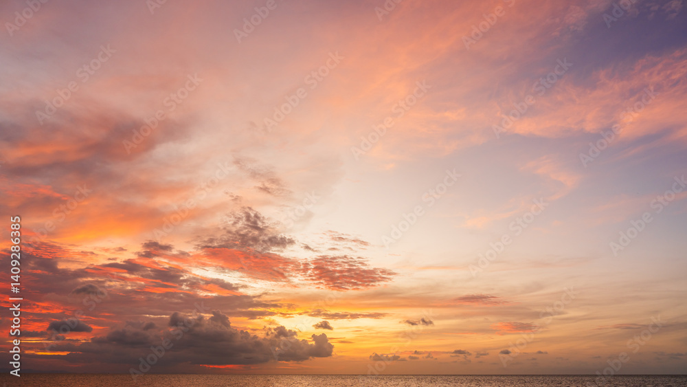 Sunset Sky Clouds over Sea Water Background in the Evening with Orange sunlight, Horizon Sea Sky Landscape Backgrounds and Sun down in Golden Hour Summer Season, Dusk Sky Sunset Sky Clouds over Sea Water Background in the Evening with Orange sunlight, Horizon Sea Sky Landscape Backgrounds and Sun down in Golden Hour Summer Season, Dusk Sky