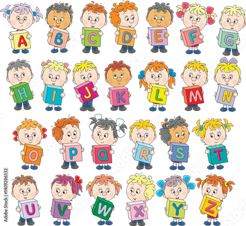 Happy little schoolboys and schoolgirls friendly smiling and holding colorful alphabet blocks, vector cartoon illustrations on a white background