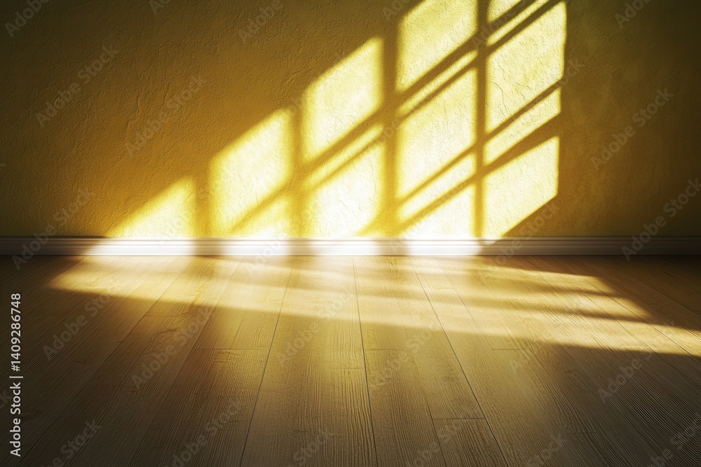 Sunlight Streaming Through Window Casting Geometric Shadows on Textured Wall and Wooden Floor Interior Design Sunlight Streaming Through Window Casting Geometric Shadows on Textured Wall and Wooden Floor Interior Design