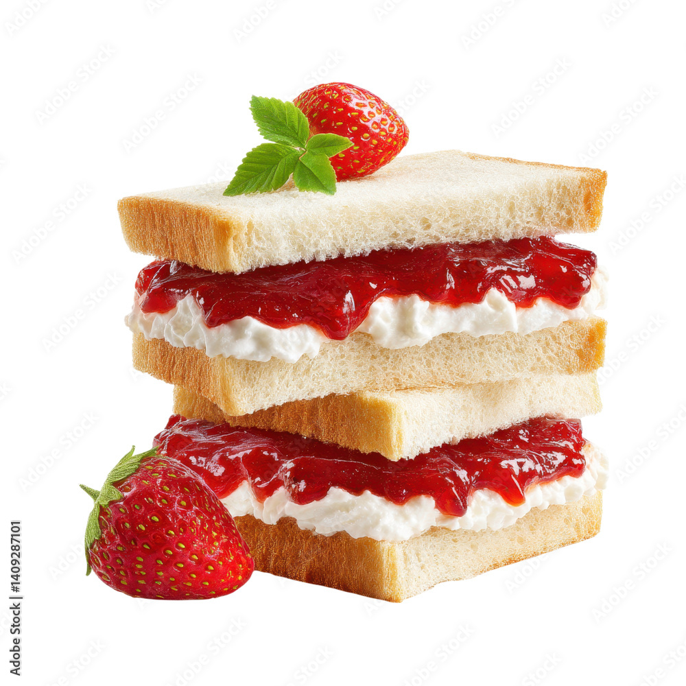 Strawberry sandwich with cream cheese and jam. Delicious dessert or snack. Isolated on white. Strawberry sandwich with cream cheese and jam. Delicious dessert or snack. Isolated on white.