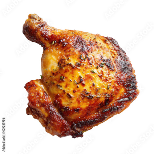 Roasted chicken quarter with herbs. Delicious poultry dish, perfect for dinner. Isolated on white.