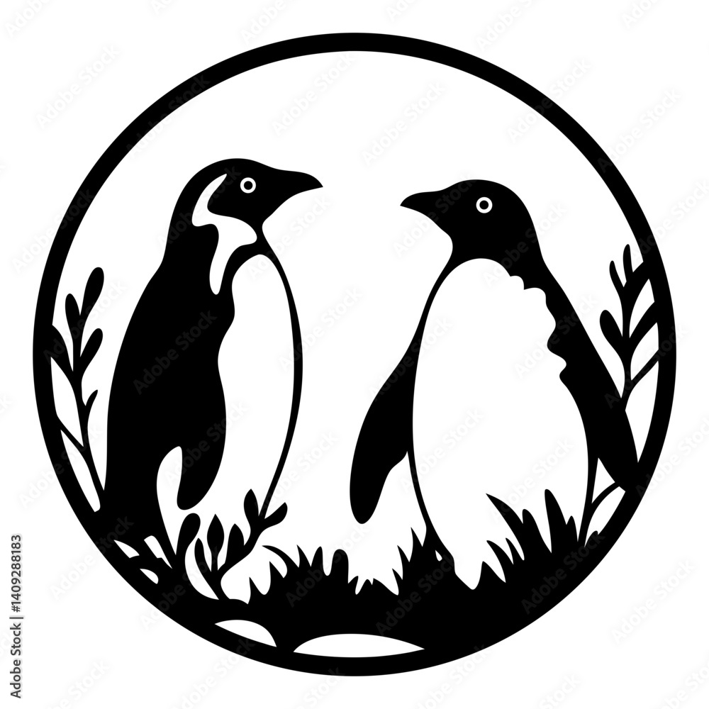 Fototapeta premium Two Penguins in a Circular Frame with Grassy Border Simple Black and White Illustration